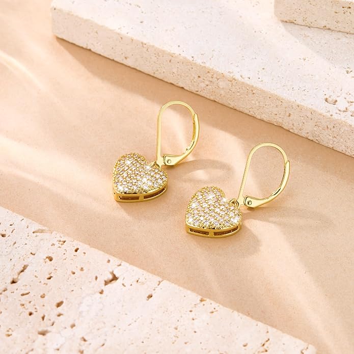 ALEXCRAFT 925 Sterling Silver Dangle Earrings, 14K Gold Plated Heart Waterdrop Earring for Women Trendy Hypoallergenic Leverback Earings Wedding Cubic Zirconia Dangle Earrings Jewelry for Women