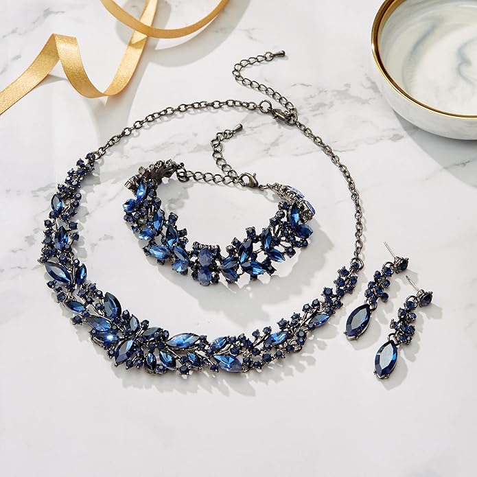 BriLove Women's Wedding Bridal Austrian Crystal Marquise Cluster Collar Necklace Dangle Earrings Set