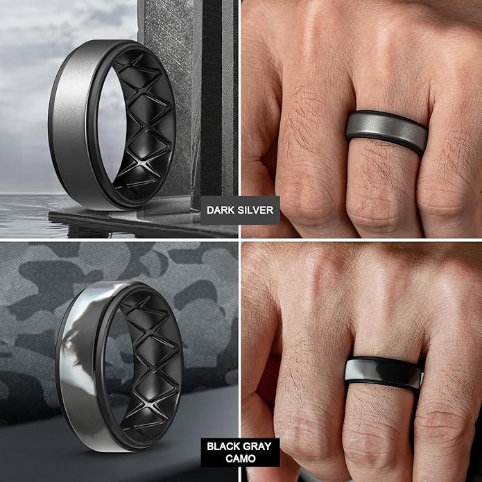 Egnaro Silicone Rings for Men 1/4/5/6/7 Multipack of Breathable Mens Silicone Rubber Wedding Rings Bands - Step Edge