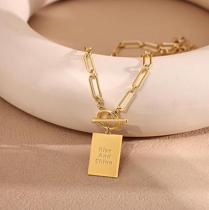 14K Gold Plated Initial Letter Necklace for Women, Personalized Alphabet Pendant with Inspirational Engraving, Paperclip Chain Non-Tarnish Jewelry Gift for Her