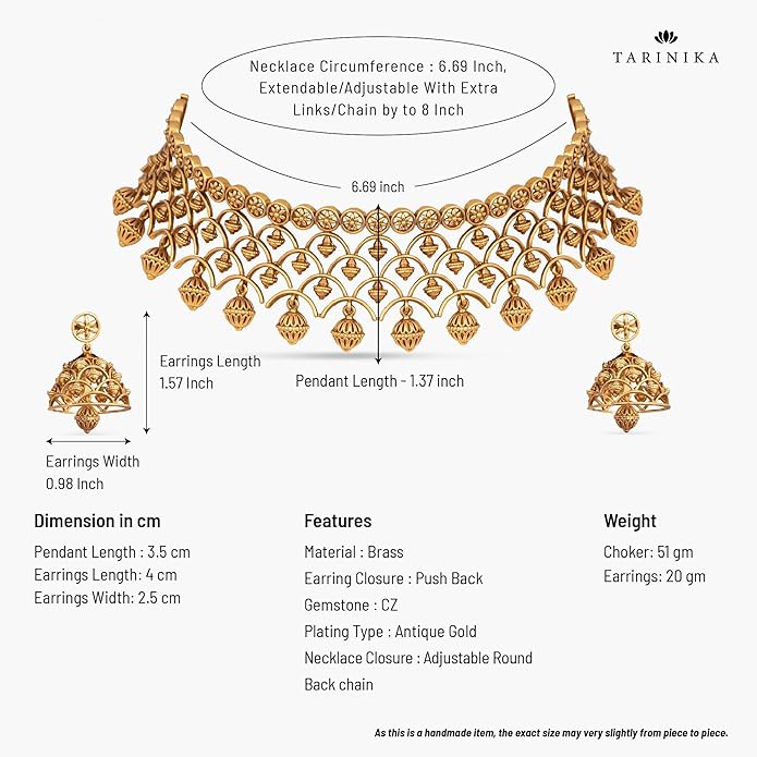 TARINIKA Brass Indian Choker Necklace Set - Gold Plated Cubic Zirconia Indian Jewelry Sets for Women Dangle, Drop, Jhumka Earrings Traditional Desi Necklace Pearls Gift for her