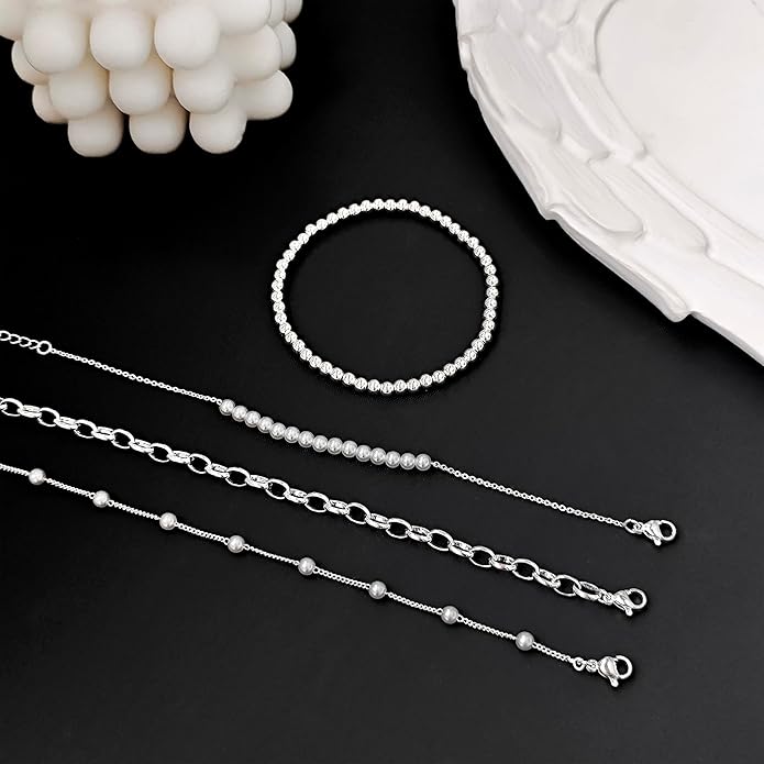 Zeffy Gold Pearl Beaded Bracelet for Women, 14K Gold Plated Jewelry Set With Paperclip Link Chain, Trendy Stack Bracelets