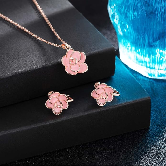 Dainty Rose Flower Pendant Necklace Clip On Earrings Set for Women 14K Gold Plated Hypoallergenic Jewelry Sets