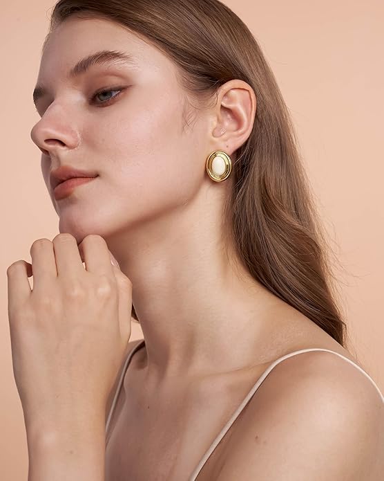 18K gold plated Medium Oval Button Chunky Statement Earrings for Women by SNGIA, (Turquoise, Carnelian, Aventurine, Amethyst, Malachite, Cat Eye, White, Cream) Bold Handmade Colored (Red, Blue, Green, White, Cream, Purple) Exaggerated Dome Retro Rounde...