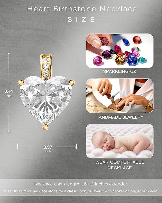 Genuine Birthstone Necklace for Women, Heart Love Necklace, Birthday Gifts for Her