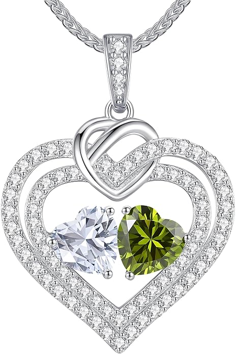 LOUISA SECRET Sparkling Double Heart Birthstone Necklaces for Women, 925 Sterling Silver Fine Jewelry, Pendant Heart Necklaces Birthday Anniversary Christmas Gift for Women Wife Mom Girlfriend Lady