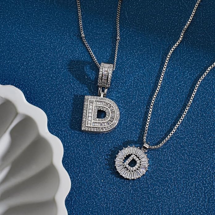 Initial Letter Necklace for Women 14k White Gold Silver Plated Dainty Necklaces Trendy Chunky Custom Layered Necklace Set Personalized Round Circle Zirconia A-Z Letter Chain Pendant Jewelry Gift