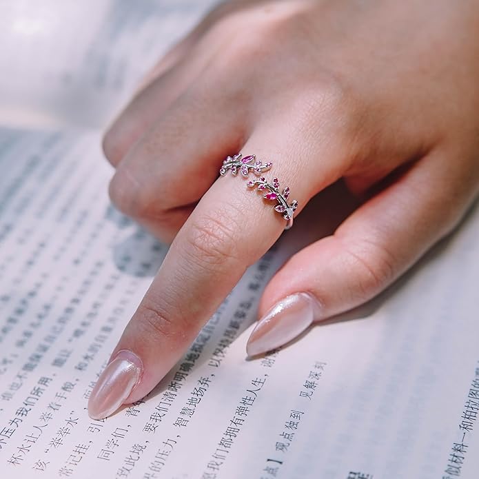Adjustable S925 Sterling Silver Ring for Women,Branch Leaves Band Stacking Finger Ring,Paved Cubic Zirconia Stone Stackable Open Ring