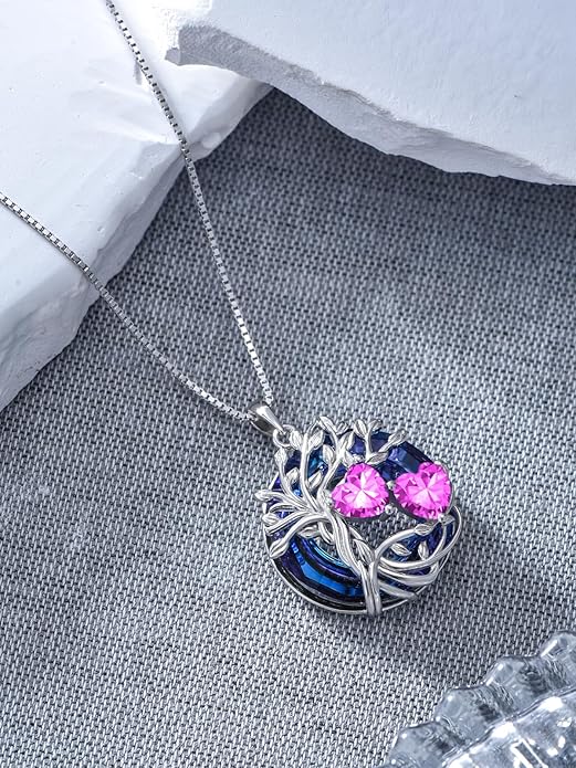 TOUPOP s925 Sterling Silver Family Celtic Tree of Life Pendant Necklaces with 2 Heart Birthstone with Blue Austrian Crystal Jewelry Birthday Valentines Day Gifts for Her, Anniversary Christmas Gifts for Wife Girlfriend Mom (18K Real White Gold Filled)
