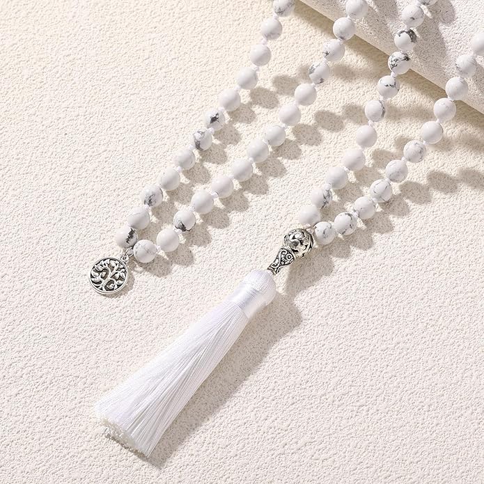 INBLUE 108 Mala Prayer Beads Wrap Necklace with Long Tassel Boho Necklace for Women Amazonite Bead Bracelet with Spiritual Tree of Life Pendant 108 Beads Necklace for Meditation