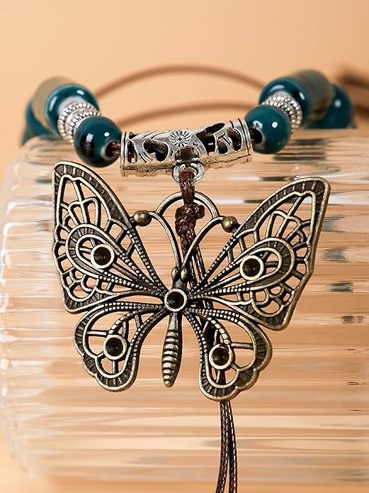 MINACHI Hippie Boho Colorful Ceramic Bead Butterfly Charm Pendant Y Necklace, Vintage Bohemian Statement Jewelry Gift for Women