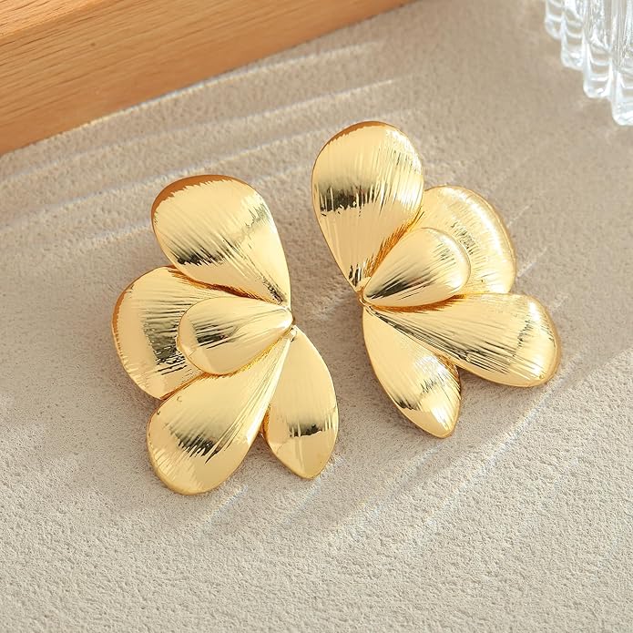 Chunky Gold Statement Earrings For Women Gold Plated Sectored Flower Leaf Shell Angel Wing Earrings Trendy Boho Jewelry For Women Large Stud Earrings Hypoallergenic Earrings