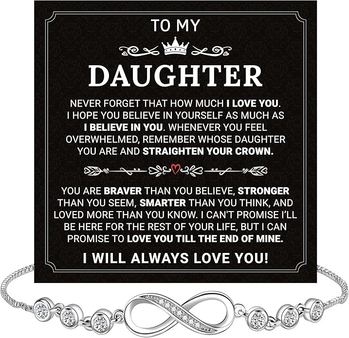 Daughter Infinity Heart Bracelet, Daughter Jewelry Gift From Mom or Dad with Message Card and Box Meaning
