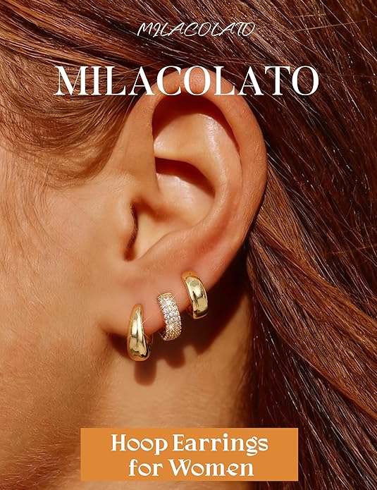 MILACOLATO 3 Pairs Small 14K Gold Plated Hoop Earrings for Women Trendy Hypoallergenic Silver Earring Stacks Huggie Hoops Earring Sets for Multiple Piercing Chunky Double Hoop Jewelry Lightweight