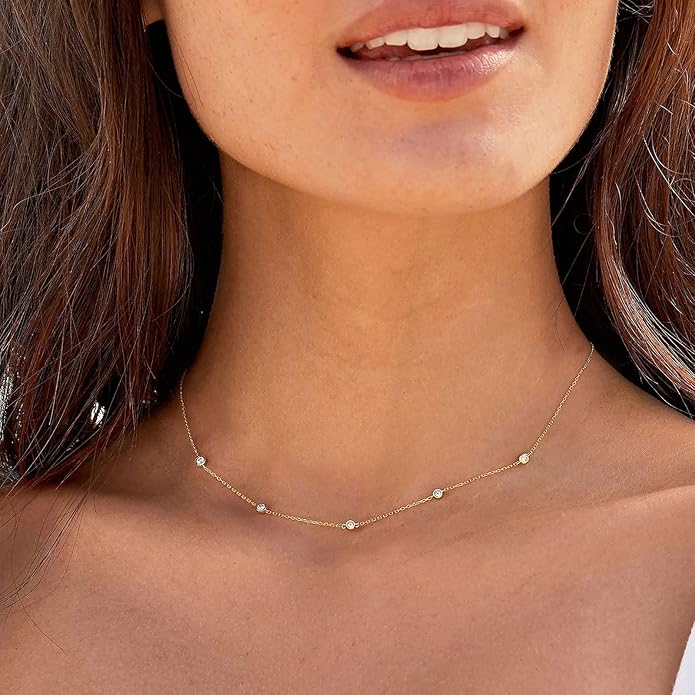 VRIUA Necklaces for Women - 14K Gold/Silver Plated Dainty Chain Necklace with Five Charms: Diamond, Bow, Snowflake, Cross, Flower, Clover, Butterfly, Heart, Star of David, and Star Trendy Jewelry
