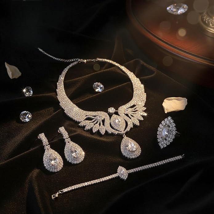 Women's Four-Piece Jewelry Set Rhinestone Silver-Plated Wedding Party Necklace, Earrings, Ring, and Bracelet Set Perfect for Daily Wear, Weddings, Parties, or Gifts