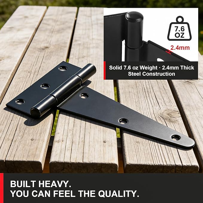 6 Inch Heavy Duty Door Hinges, 4 Pack Black T Strap Hinges, 2.4mm Thick Steel - Image 2