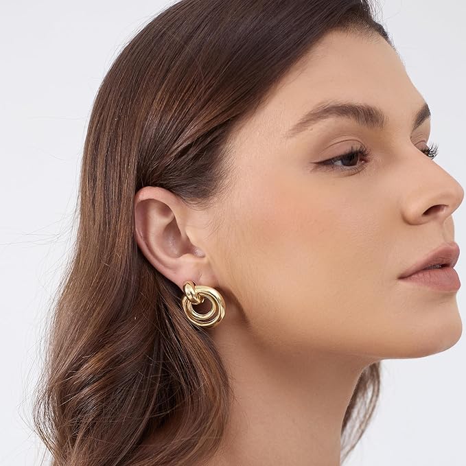Chunky Knot Link Circle Statement Earrings, Gold-Plated, Drop Dangle Studs
