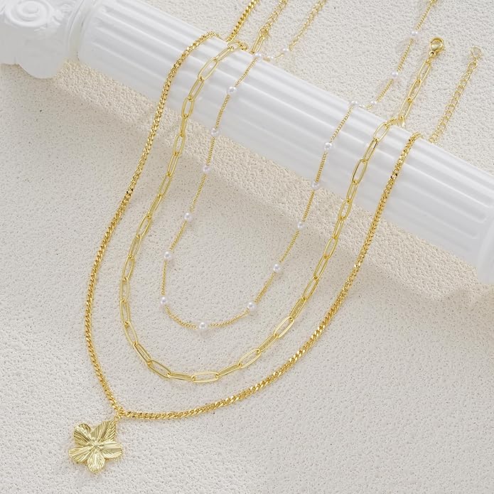 YEEZII Layered Gold Necklaces for Women Trendy, 3 Pcs 14K Gold Plated Choker Paperclip Box Chain Necklace, Stackable Women's Gold Pendant Necklaces Jewelry Set