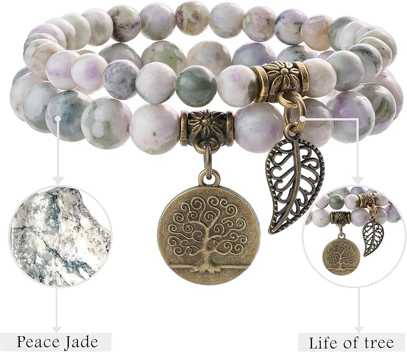 Bivei Natural Semi Precious Gemstone beads bracelet for women - Life Tree and Leaf Charm Energy Reiki Crystal Stretch Bracelets