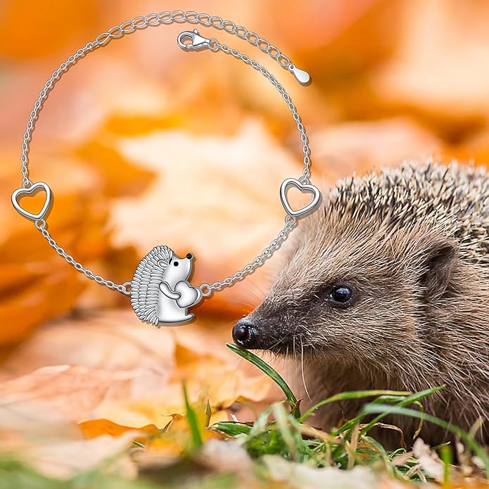 FLYOW 925 Sterling Silver Cute Animal Heart CZ Hedgehog Pendant Necklace and Stud Earrings Bracelet Set for Women Birthday Jewelry