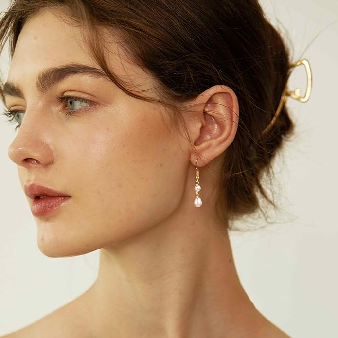 Gold Pearl Dangle Earrings for Women, 14K Gold Plated Small Pearl Drop Huggie Hoop Earrings, Hypoallergenic Dainty Gold Earrings Wedding Jewelry Gifts for Women Trendy