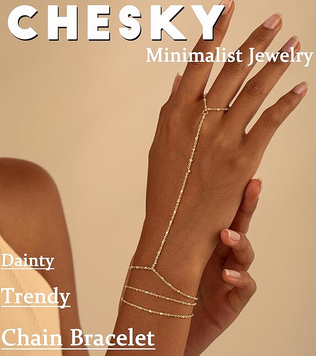CHESKY 14K Gold Plated Hand Chain Bracelets for Women Set - Dainty Finger Ring Bracelet Stack Adjustable Hand Chains Durable Beaded Bracelets Trendy Simple Body Jewelry Gift for Women