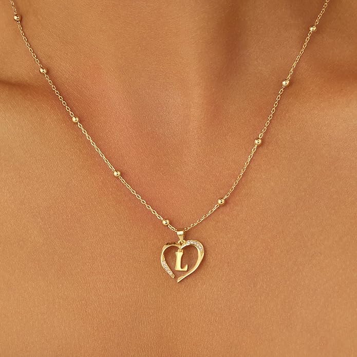 Cicy Bell Womens Heart Initial Necklace for Women 18k Gold Plated Shell Personalized Letter Pendant Necklace 17.7'' with 2'' Extender