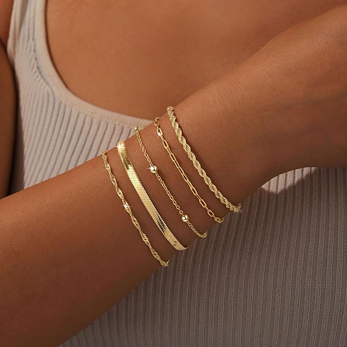 Gold Bracelets Set for Women Non Tarnish Trendy,14K Gold Plated Dainty Stackable Paperclip Cuban Link Chain Bracelets, Simple Cute Cuff Bracelets Jewelry Set Adjustable 7"+2"