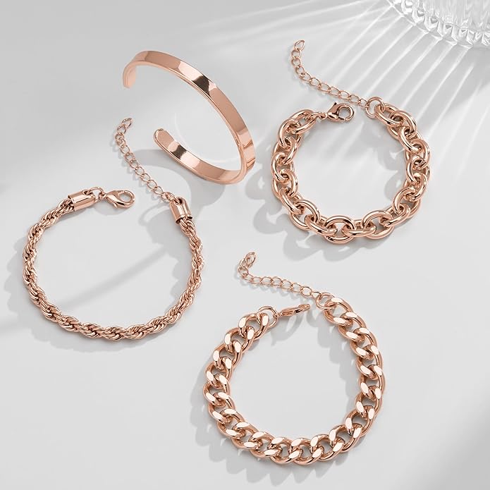 Chunky Gold Bracelets Stack for Women Non Tarnish, Waterproof 14K Gold Plated Bangle Cuff Bracelets Set for Women Trendy Thick Layered Cuban Link Chain Paperclip Rope Stackable Bracelet for Jewelry Gifts