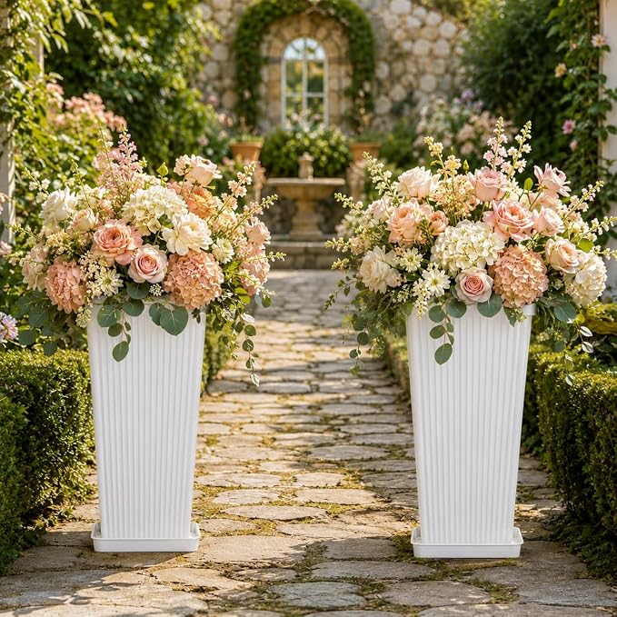24" Tall Planters for Outdoor Plants Set of 2 Square Fluted, TallIndoor Flower - Image 5