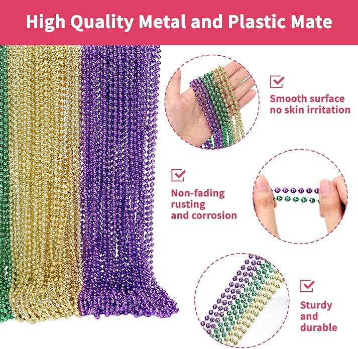 Mardi Gras Beads Necklaces, 33 Inch Plastic Beads for Party Favors, Festival Decorations, Parade Throws, Christmas, St. Patrick's Day Celebrations