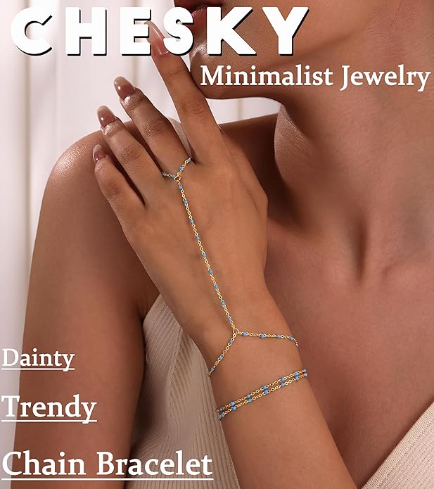 CHESKY 14K Gold Plated Hand Chain Bracelets for Women Set - Dainty Finger Ring Bracelet Stack Adjustable Hand Chains Durable Beaded Bracelets Trendy Simple Body Jewelry Gift for Women