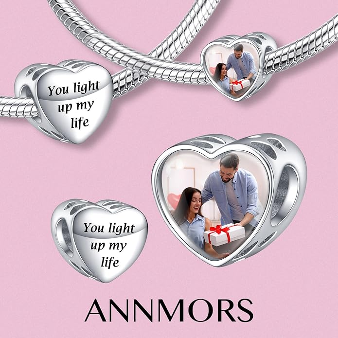 Annmors Personalized Photo Charms For Bracelets/Necklace 925 Sterling Silver Love Heart Shaped Engraved Customize Picture Gift for Birthday Mother's Day,Bead Charms Jewelry for Women