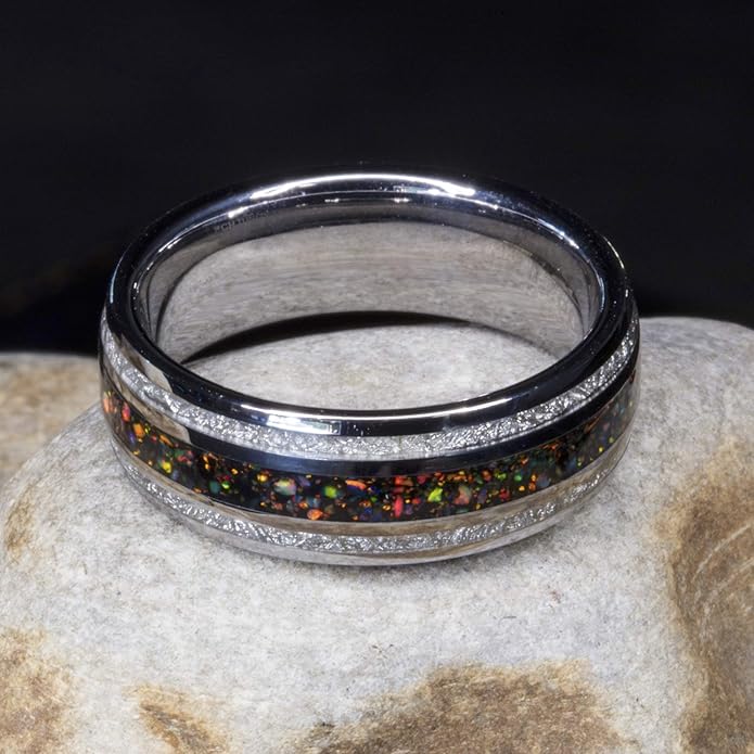Created-Opal Ring with Imitated Meteorite 8mm Tungsten Wedding Band or Gift 7-13