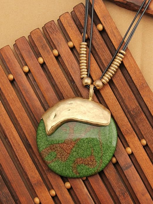 GelConnie Leather Necklace for Women Large Pendant Long Brown Necklace Circle Leather Choker Vintage Sweater Necklace Gold Chunky Boho Necklaces for Women