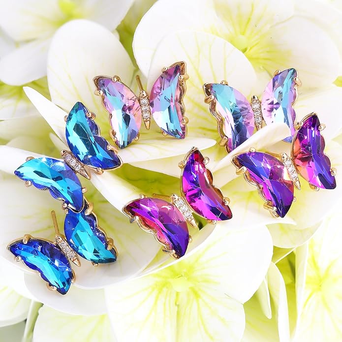 MISS RIGHT Butterfly Crystal Jewelry Set with Butterfly Necklace Stud Earrings Bolo Bracelet Adjustable Ring for Women Trendy, Iridescent Y2K Dainty Butterfly Jewelry Gifts