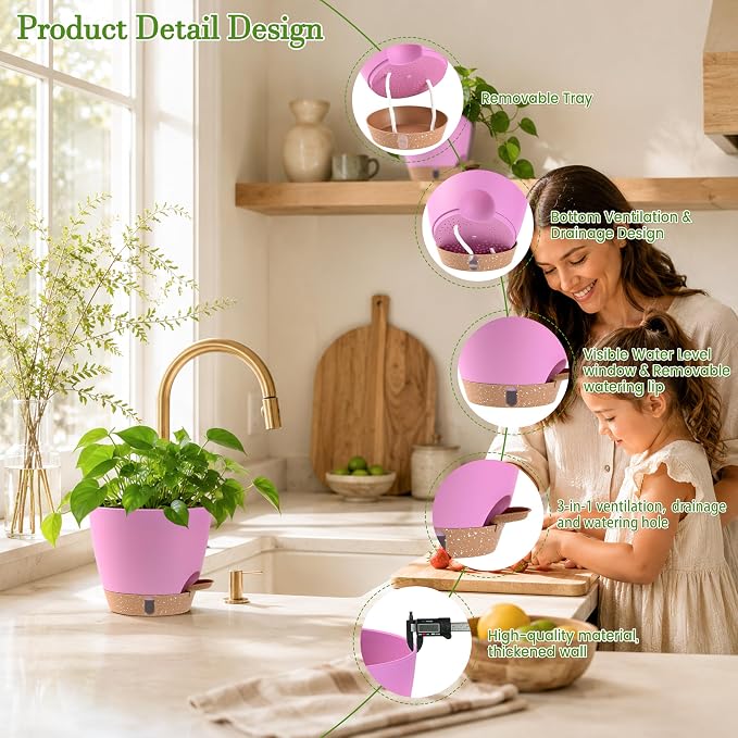 Self Watering Pots for Inoor Ourdoor Plants 10/9/8/7/6.5 Inch, 5 Pack | Plastic - Image 4