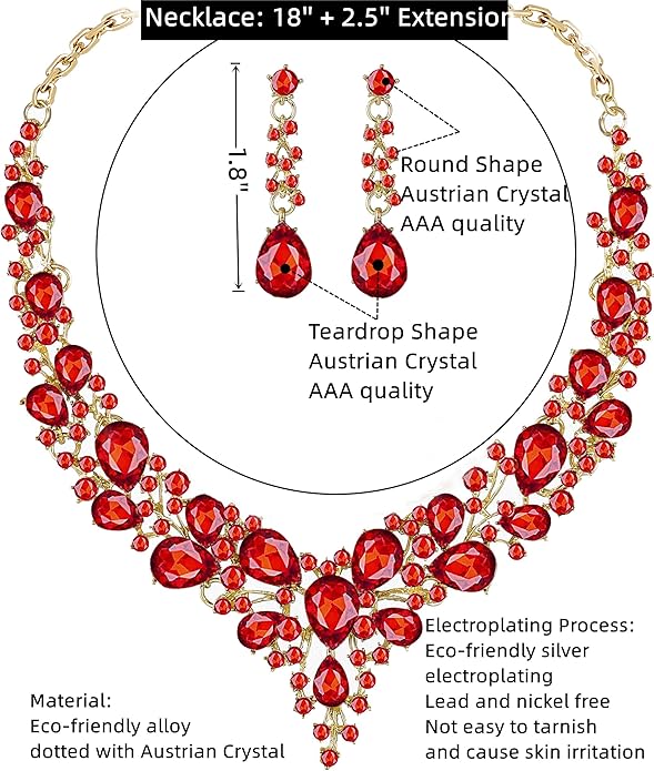 Crystal Bridal Wedding Jewelry Sets for Women Rhinestone Teardrop Crystal Statement Choker Necklace Drop Earrings Link Bracelets Rings Teardrop Jewelry Set for Brides Bridesmaids