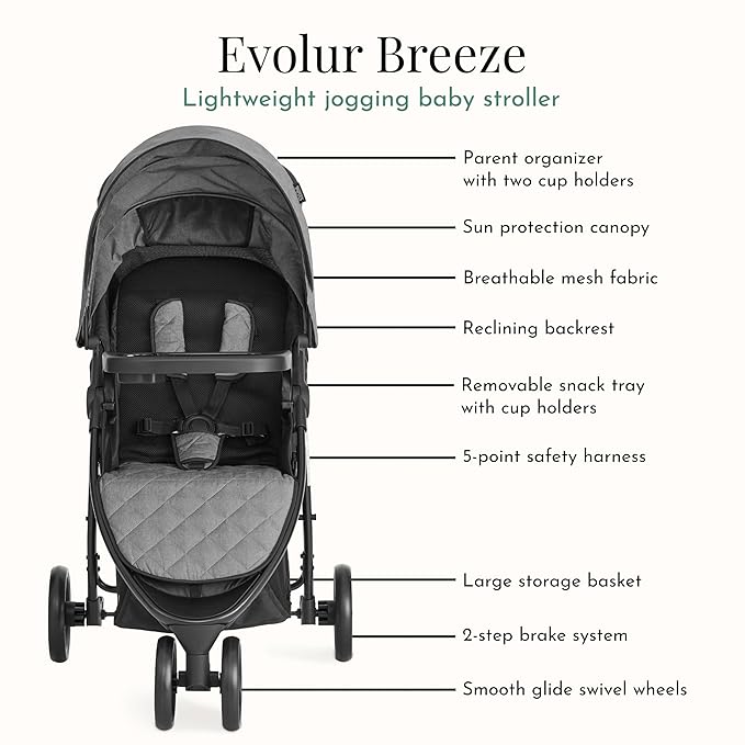 Evolur Breeze Stroller in Grey, Adjustable Backrest & Canopy, Compact Fold Lightweight Baby/Toddler Stroller with Storage Basket