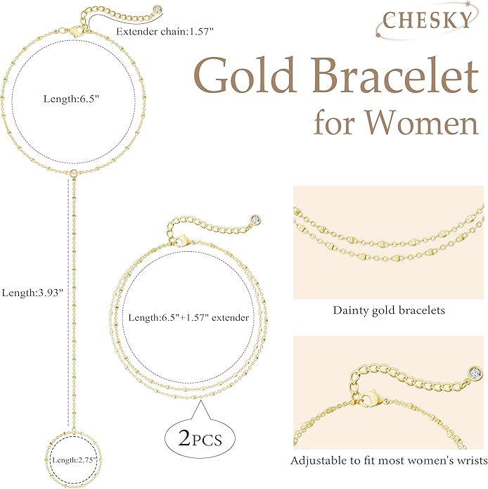 CHESKY 14K Gold Plated Hand Chain Bracelets for Women Set - Dainty Finger Ring Bracelet Stack Adjustable Hand Chains Durable Beaded Bracelets Trendy Simple Body Jewelry Gift for Women