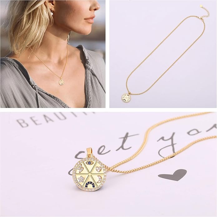 Aobei Pearl 18K Gold Plated Moon Star Lion Evil Eye Love Heart Cross Pendant Necklace Medallion Paperclip Chian Choker Layering Jewery for Women