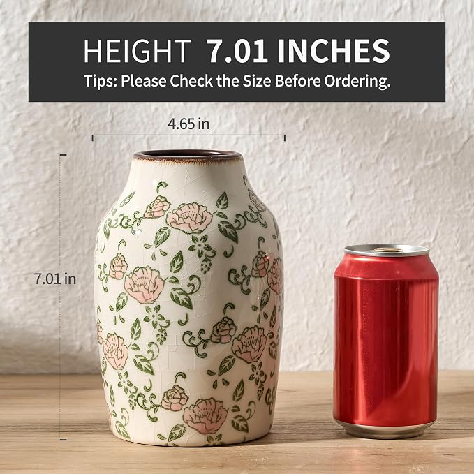 SIDUCAL Ceramic Vintage Vase, 7 Inch Retro Ice Cracked Chinoiserie Floral Vase - Image 2