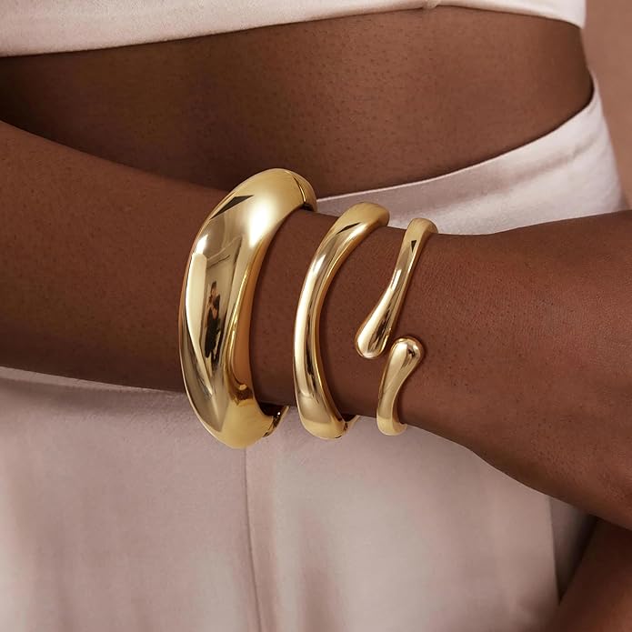 Chunky S925 Sterling Silver Plated Bangle Bracelets Stack for Women, Thick Statement Silver Plated Stackable Bangle Cuff Bracelets Set,Trendy Big Large Gold Bracelet Stacked Fashion Jewelry Gifts Non Tarnish