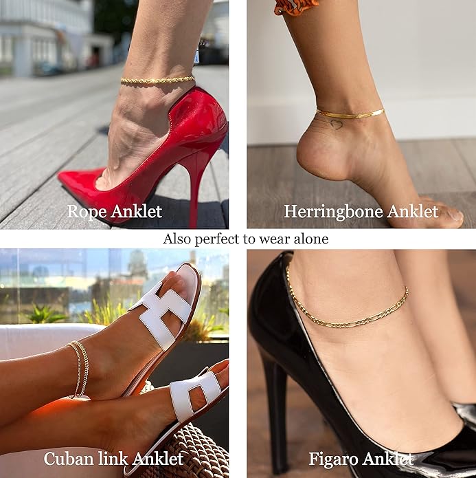 DEARMAY Dainty 14K Gold Plated Ankle Bracelets for Women, Waterproof 14K Gold Plated Link Chain Anklets Non Tarnish Set Pack Summer Beach Jewelry Gift