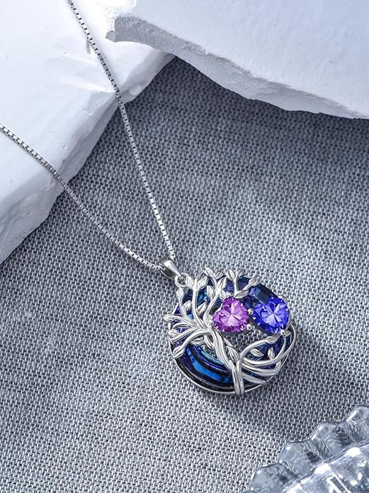 TOUPOP s925 Sterling Silver Family Celtic Tree of Life Pendant Necklaces with 2 Heart Birthstone with Blue Austrian Crystal Jewelry Birthday Valentines Day Gifts for Her, Anniversary Christmas Gifts for Wife Girlfriend Mom (18K Real White Gold Filled)
