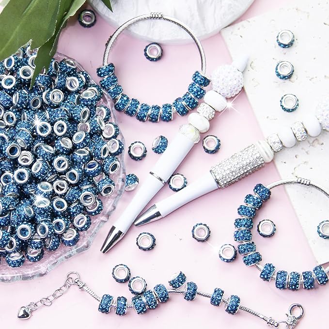 150Pcs Rhinestone Large Hole Beads Spacer Beads Blue European Craft Big Beads Large Hole Rhinestones Lampwork Murano Bead Fairy Wand Garden Beads for DIY Bracelet Necklace Jewelry Making Supplies