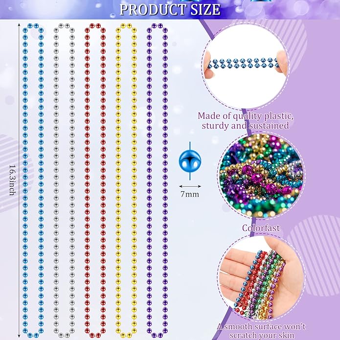 Yinkin 200 Pcs Mardi Gras Beads Necklaces Bulk 33 Inch 7 mm Colorful Assorted Round Mardi Gras Beaded Necklaces Throw Parade Accessories for Carnival Party Decorations Supplies