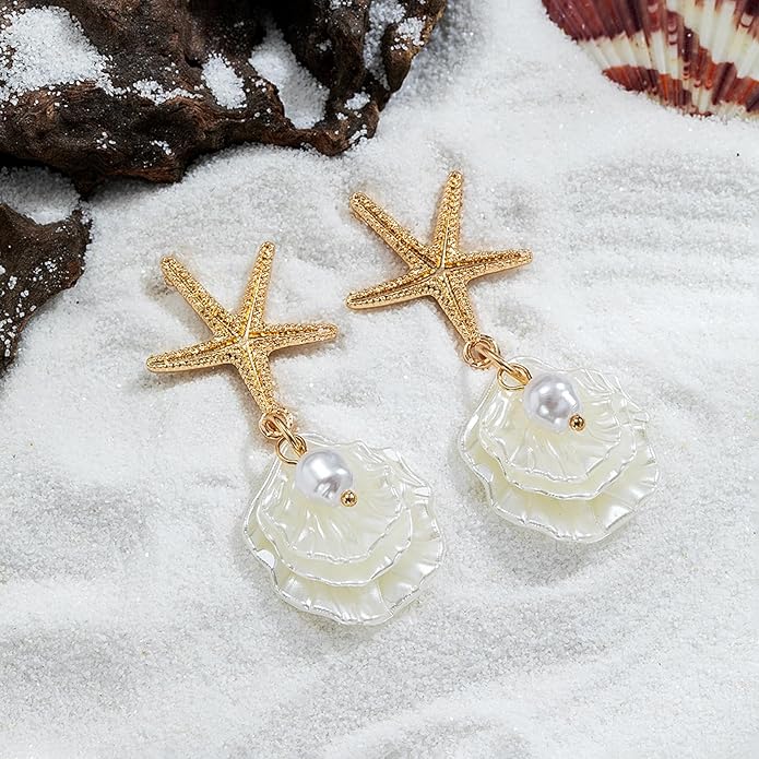 Seashell Starfish Earrings Beach Jewelry for Women Pearl Drop Shell Earrings Ocean Beachy Fashion Accessories Womens Summer Outfits 2026 Tropical Vacation Outfits Beach Vacation Clothes Dresses