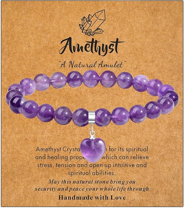 MAIBAOTA Healing Crystal Bracelet for Women, 8 mm Natural Gemstone Beaded Bracelet, Love Heart Bracelet Jewelry Gifts for Birthday Mothers Day Valentine's Day Anniversary